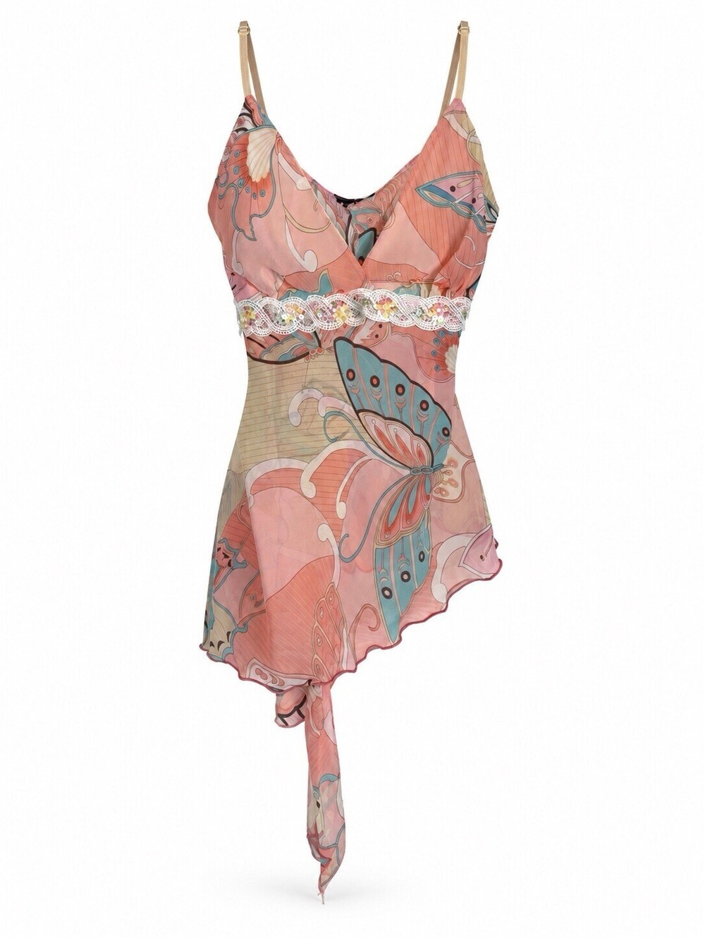 Y2K Butterfly Print Asymmetrical Cami Top Lace Sequin Sash